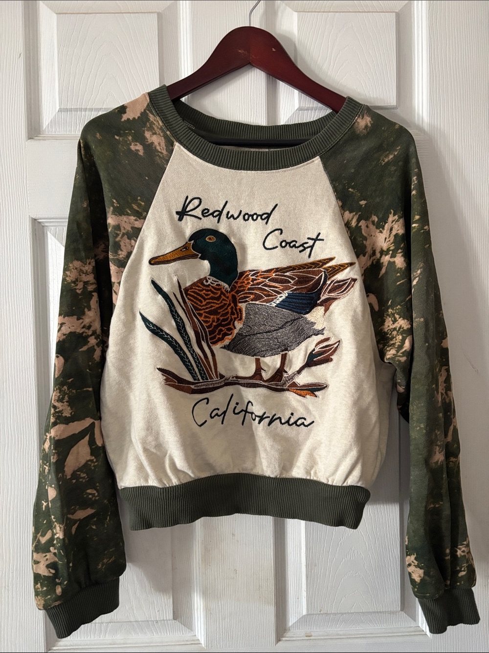 Anthropologie Cream & Olive Tie-Dye Duck Embroidered Crewneck Sweater